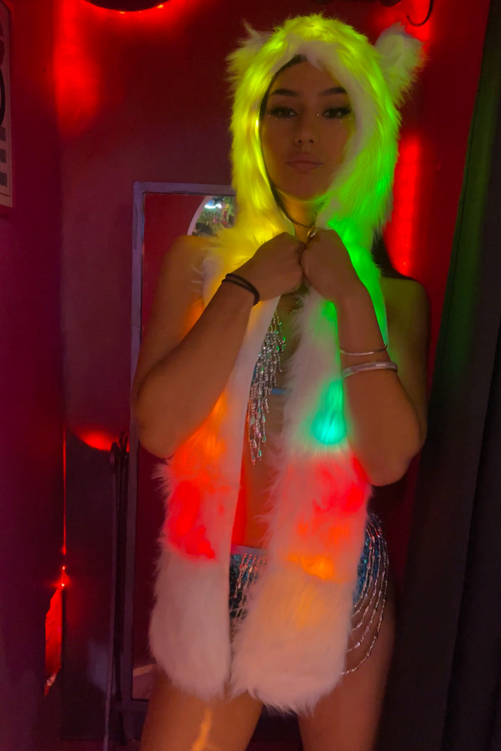 Afterglow LED Animal Hat Hood glowing in red, yellow, and green, a bold accessory for festival and rave wear.