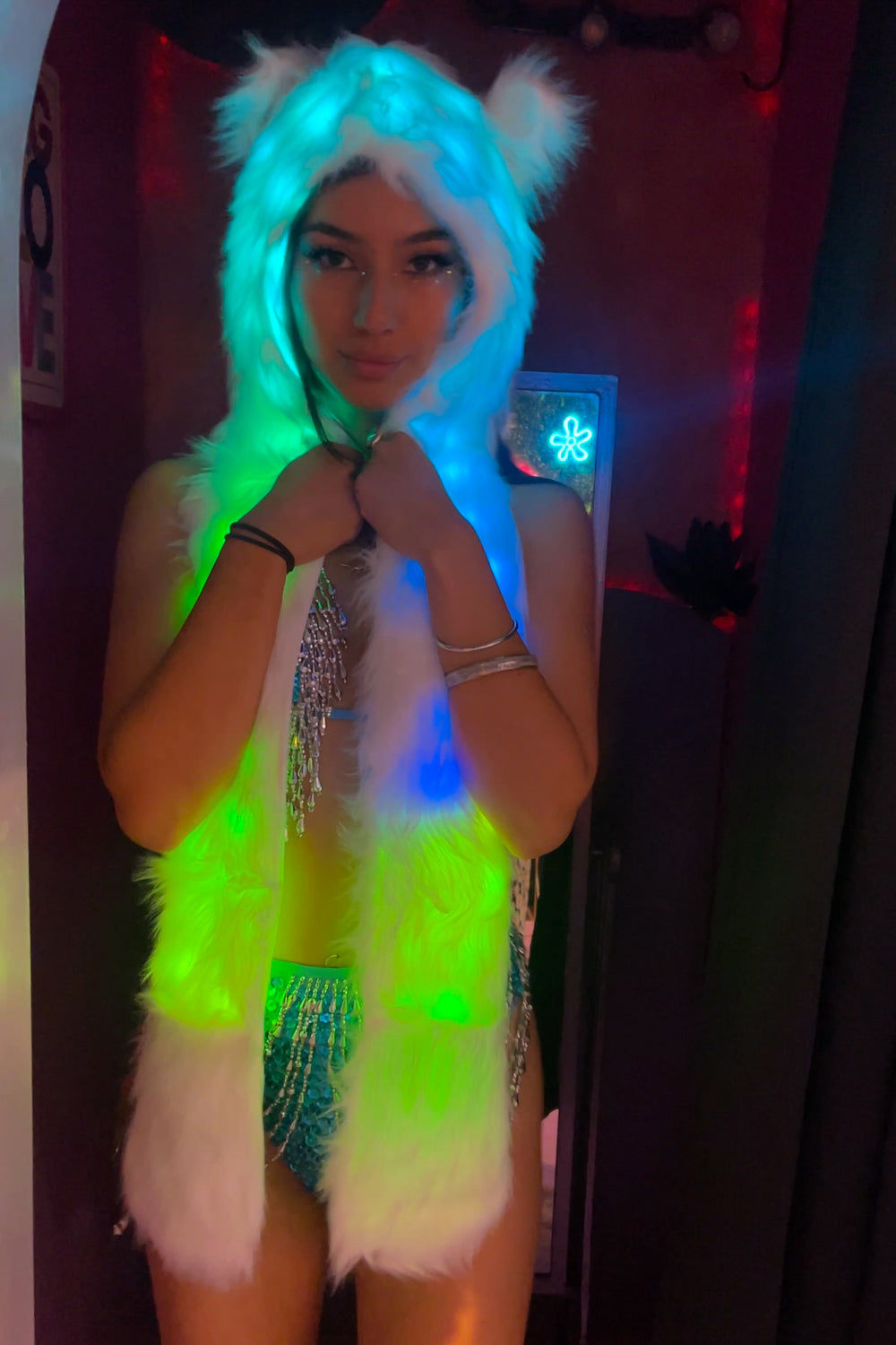 Afterglow LED Animal Hat Hood in white faux fur with multicolor LED lights, styled for rave and festival fashion.