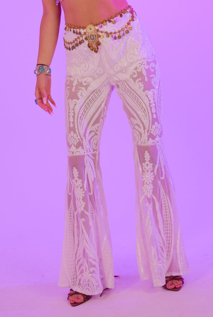 Swan Flares white lace bell-bottom pants with intricate embroidery, ideal for rave and festival outfits on Wild Thing.