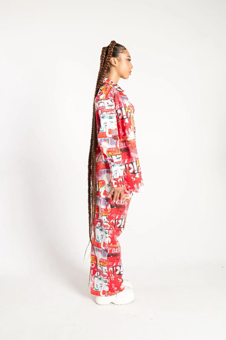 Side profile of Dine and Dash Shirt showcasing its relaxed fit and vibrant festival-ready print, part of Wild Thing's rave clothing line.