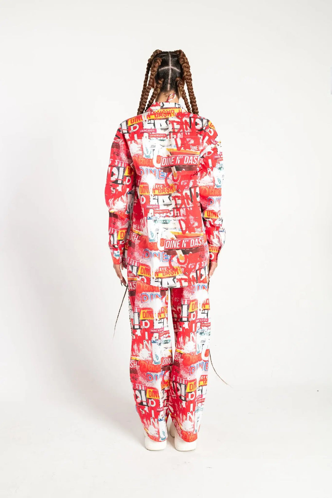 Back view of Dine and Dash Shirt and pants set in red collage print, designed for bold festival and rave fashion lovers.