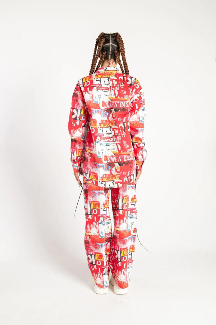 Back view of Dine and Dash Shirt and pants set in red collage print, designed for bold festival and rave fashion lovers.