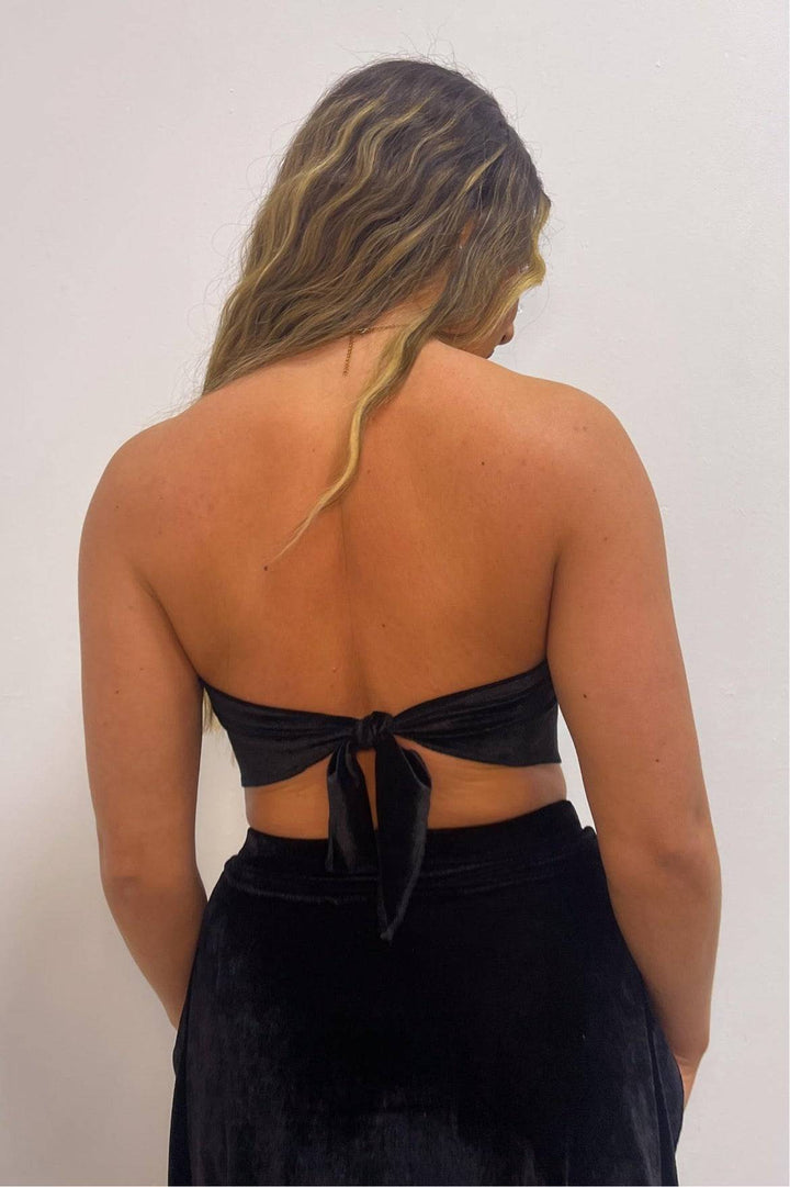 Back view of black velvet bandana top with tie closure