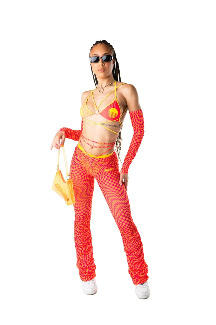 Model wearing All Day All Night Gloves with matching mesh set and yellow bikini top. Festival-ready look from Wild Thing UK.
