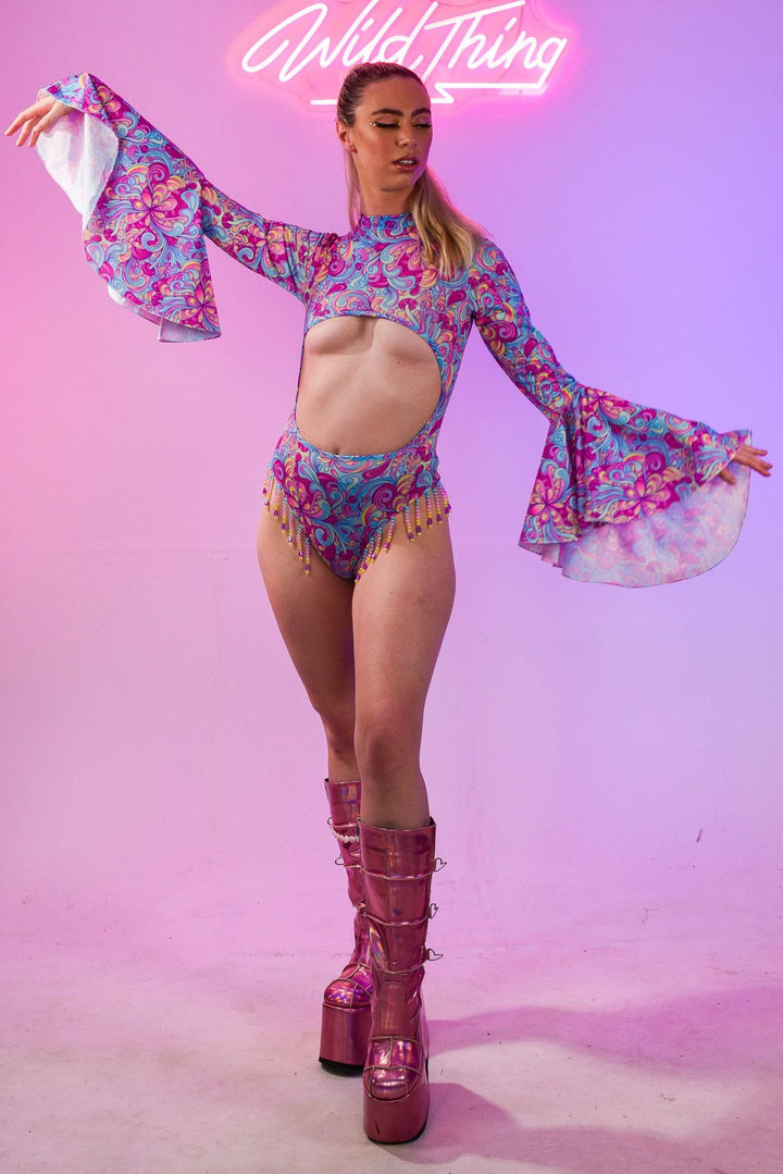 Full body shot of Shroom Flare Bodysuit, festival style