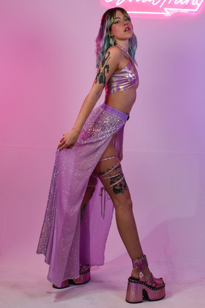 Lavender sequin skirt, side view, festival attire