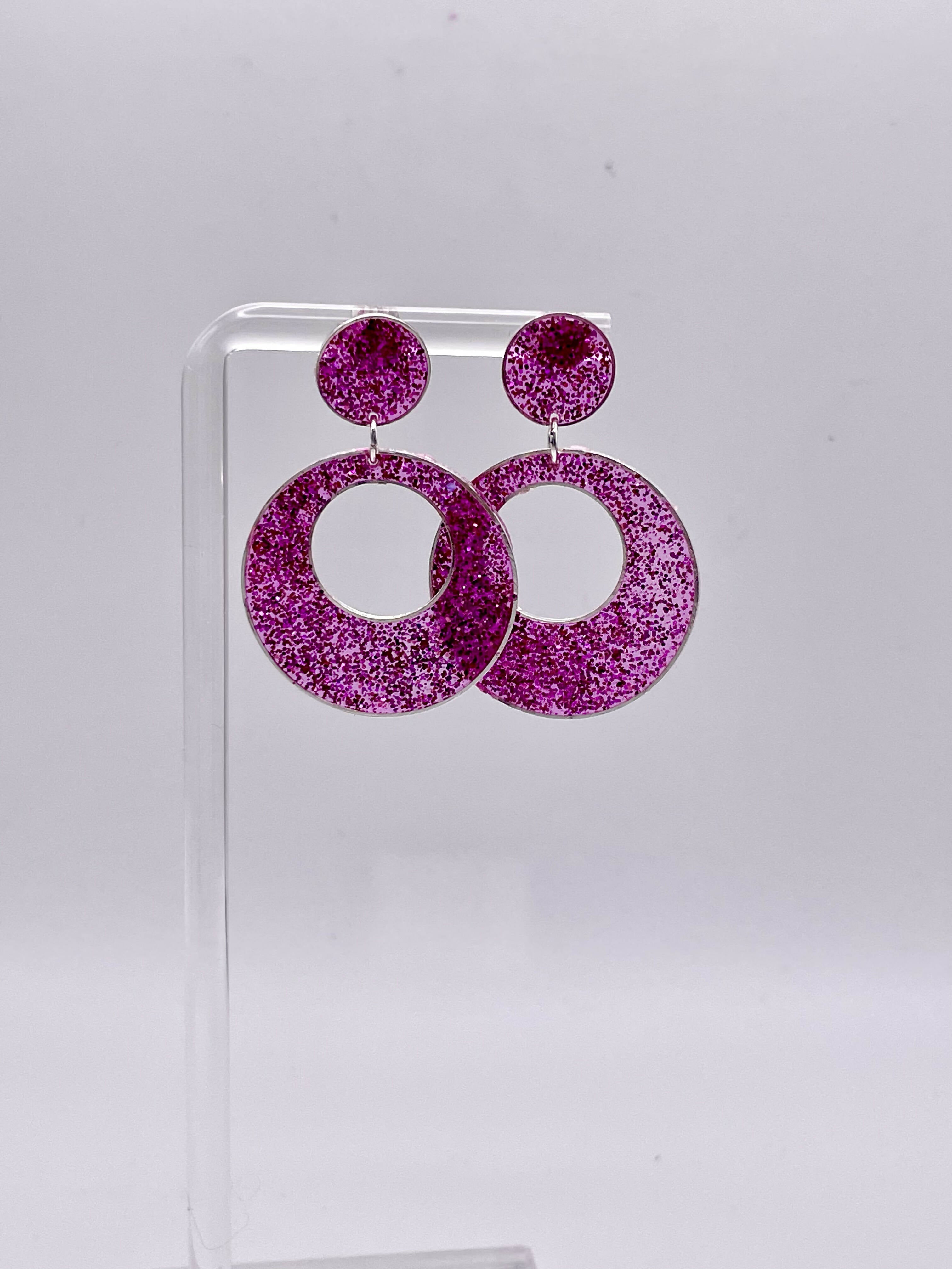 Bright and Sparkly Double Circle Resin Earrings with Sterling Silver Stud | Rave &amp; Festival Fashion