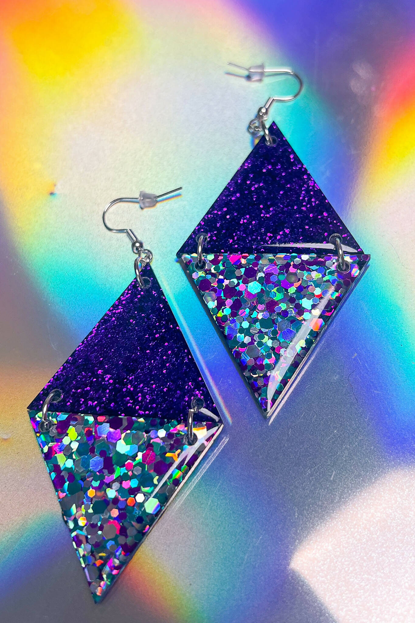 Purple Rainbow Resin Diamond Earrings Prism Triangle Diamond Shaped Earrings Glitter Party Festival Statement Earrings | Rave &amp; Festival Fashion