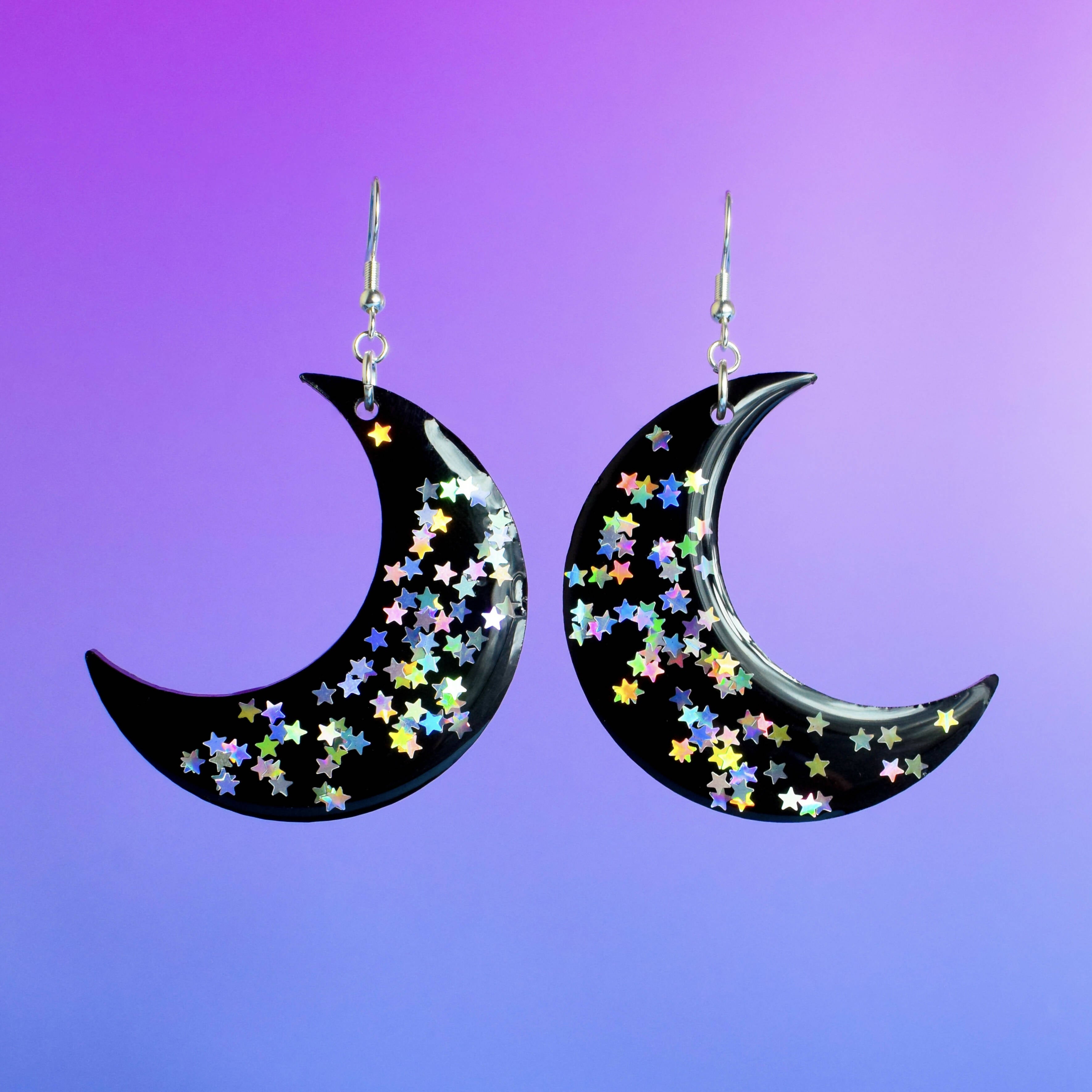 Resin Half Moon Earrings Glittery Resin Earrings Festival Earrings Cute Earrings Crescent Moon Earrings Holographic Stars Halloween | Rave &amp; Festival Fashion