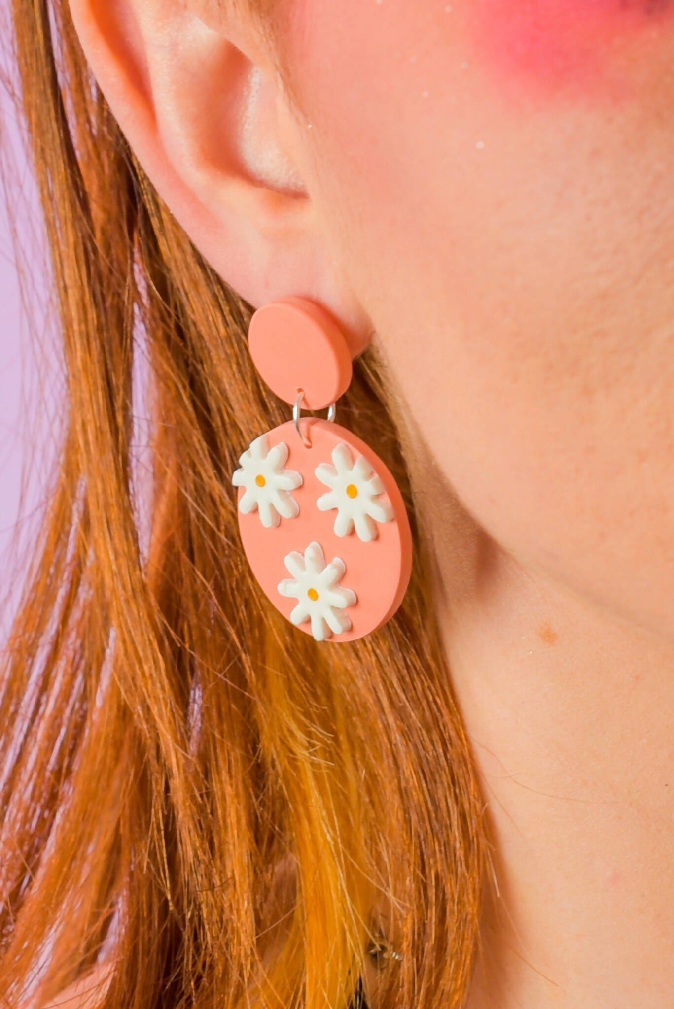 Polymer clay daisy dangle earrings (coral) | Rave &amp; Festival Fashion