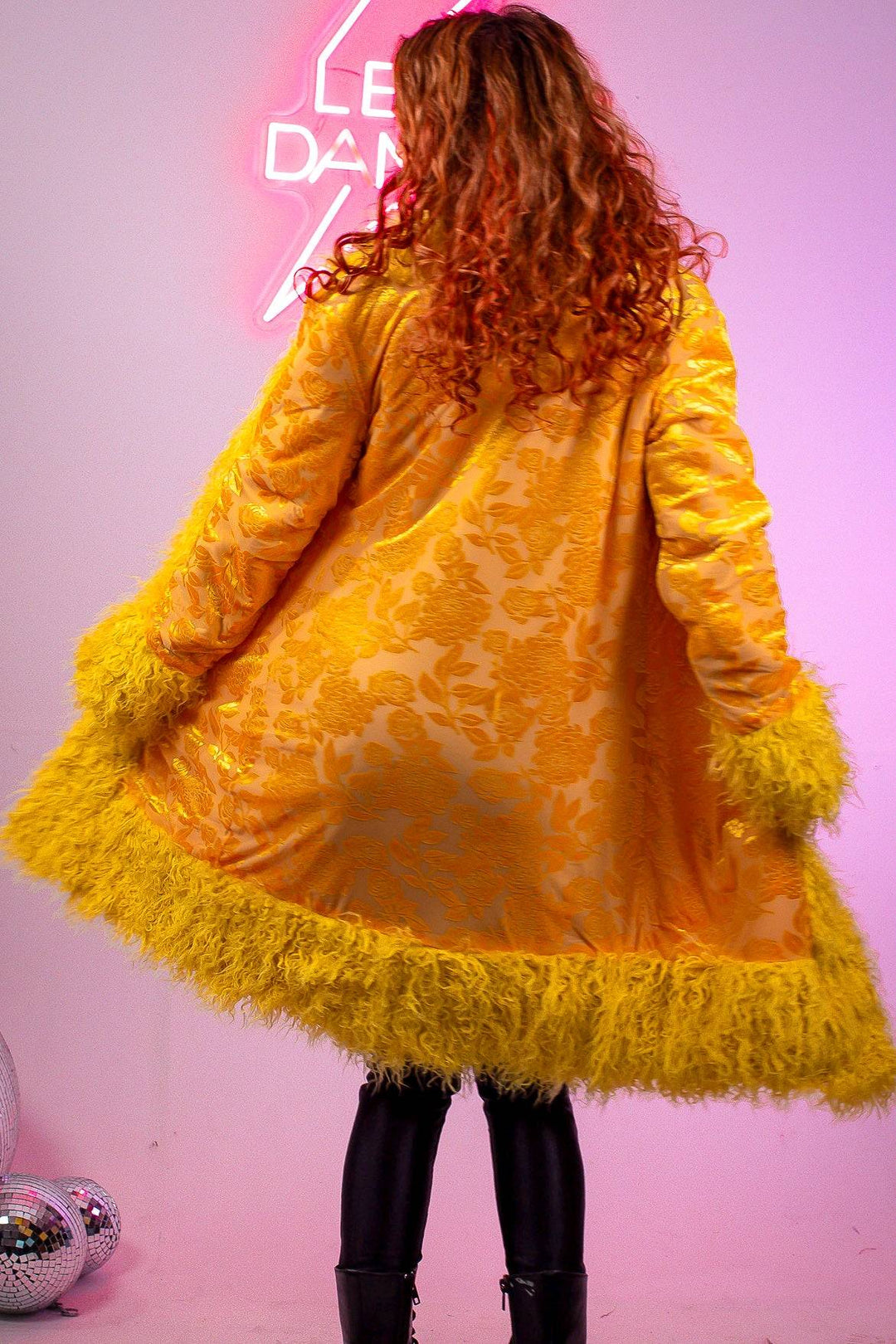 Back view of Sunflower Lux Faux fur Coat with floral design