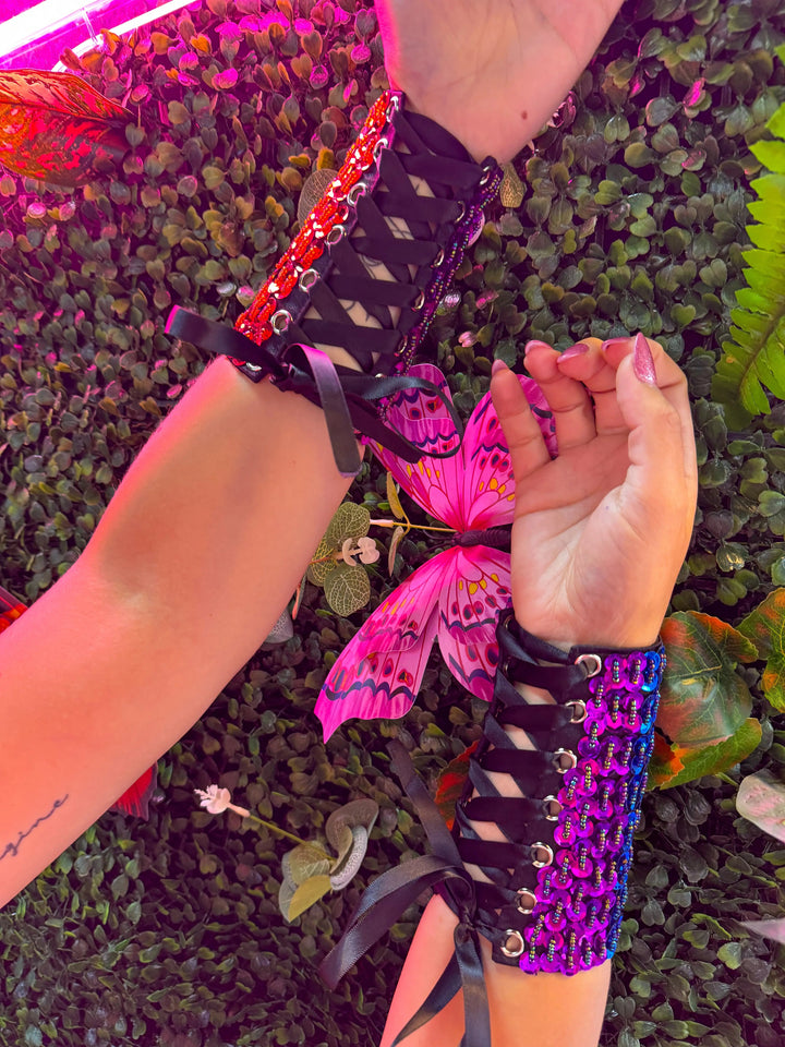 Lace-up sequin arm cuffs in bright festival colors