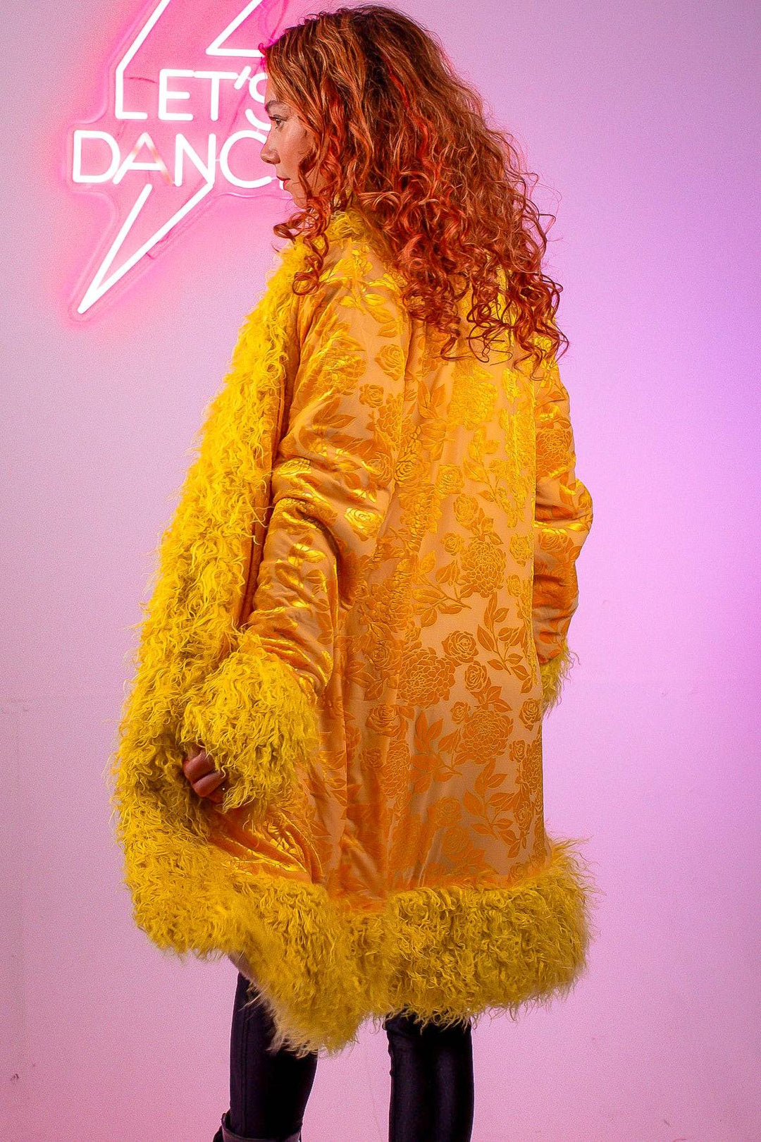 Side view of Sunflower Lux Faux fur Coat with fluffy yellow trim