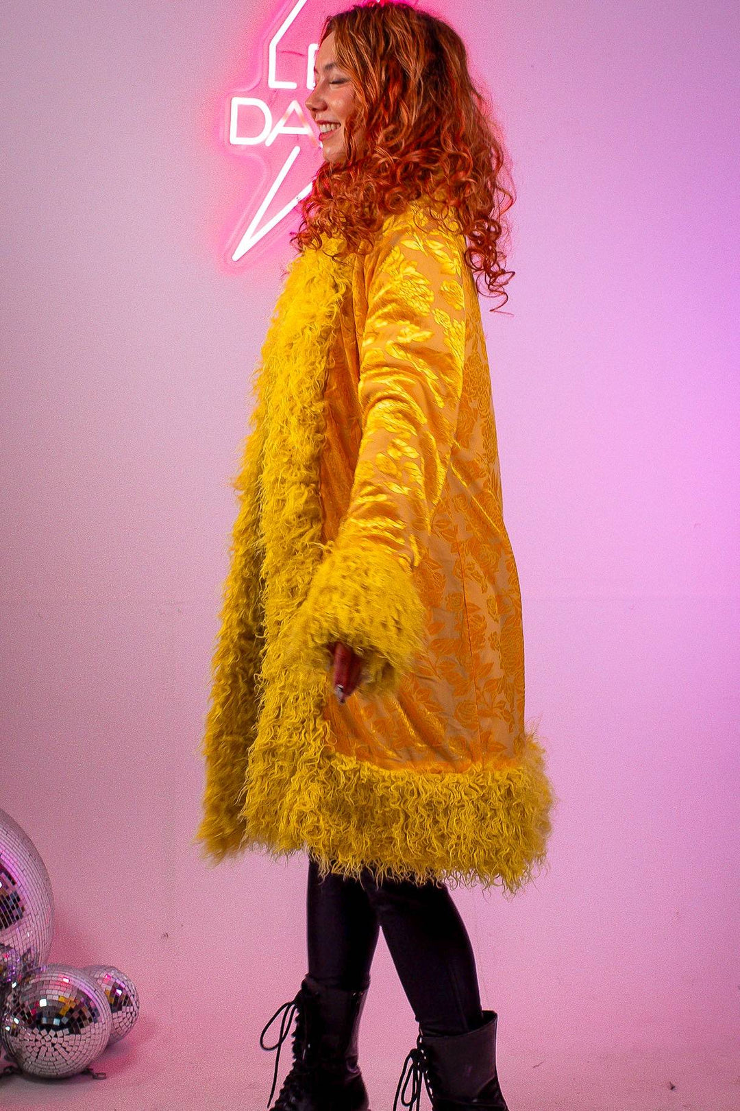 Side profile of Sunflower Lux Faux fur Coat in yellow