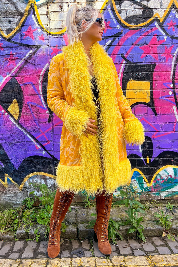 Sunflower Lux Faux fur Coat in vibrant yellow with floral pattern