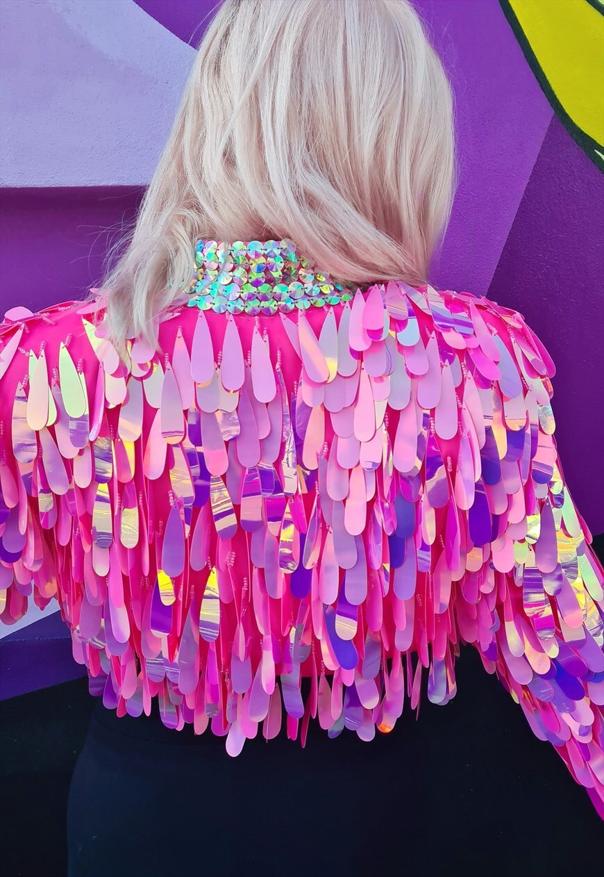 Back view of Pink Angel Dust Jacket with sequin collar