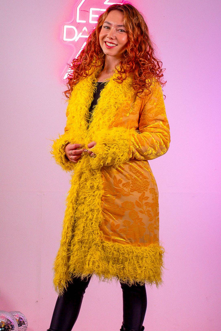 Front view of Sunflower Lux Faux fur Coat with floral pattern