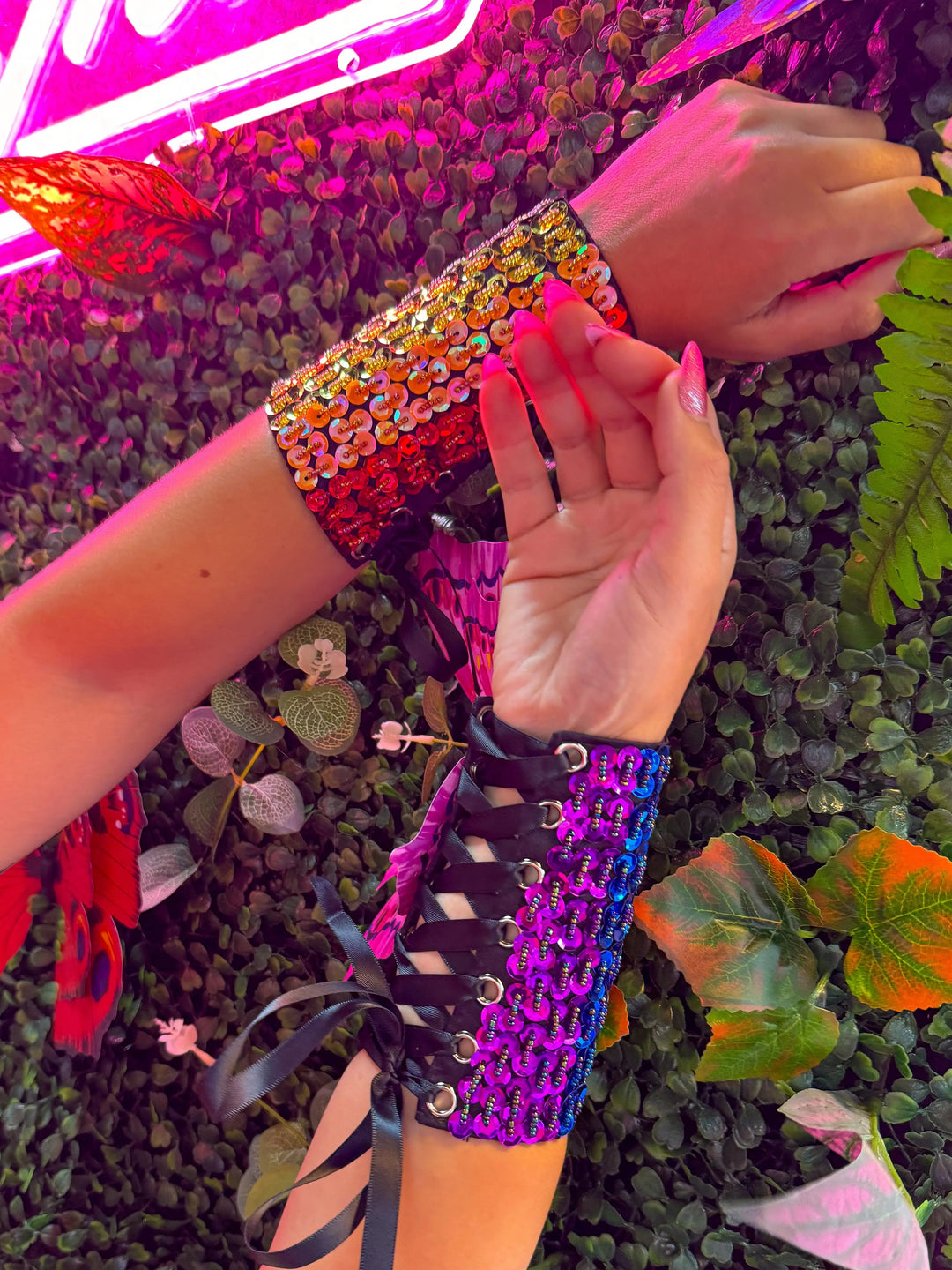 Colorful sequin arm cuffs with lace-up design