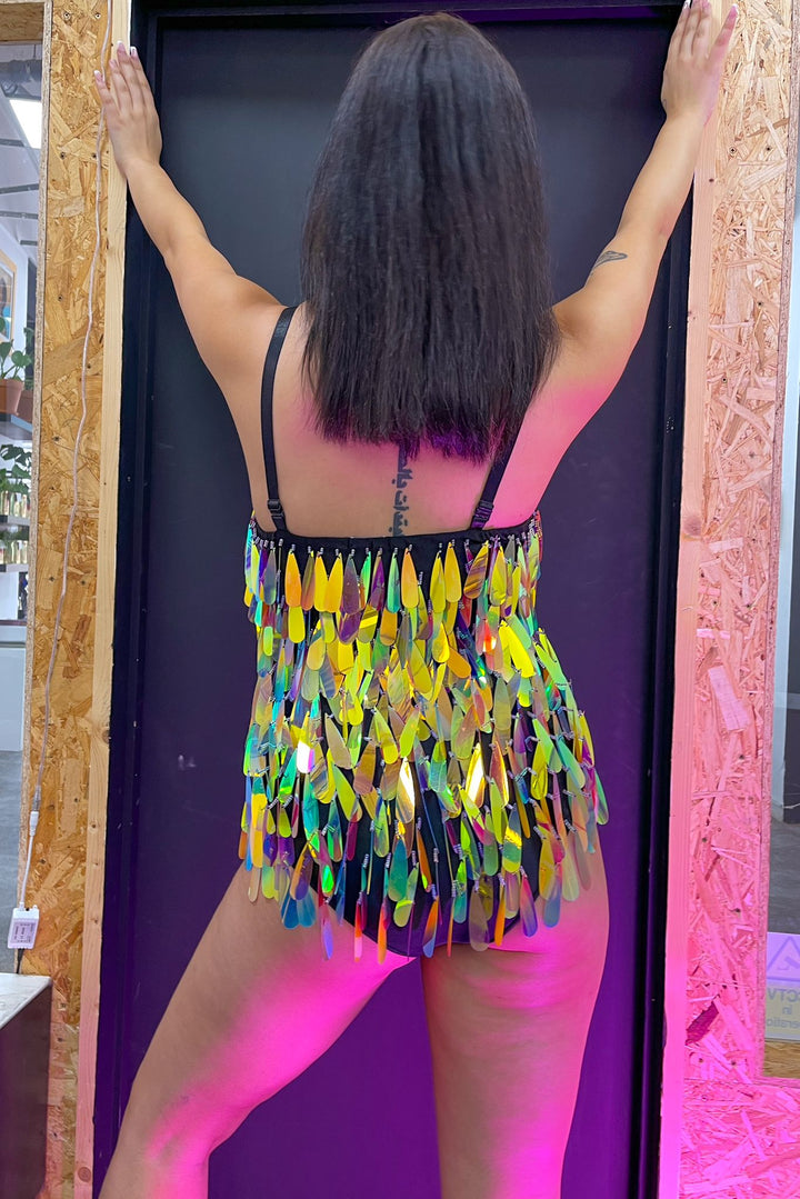 Colorful sequin bodysuit with straps, back view