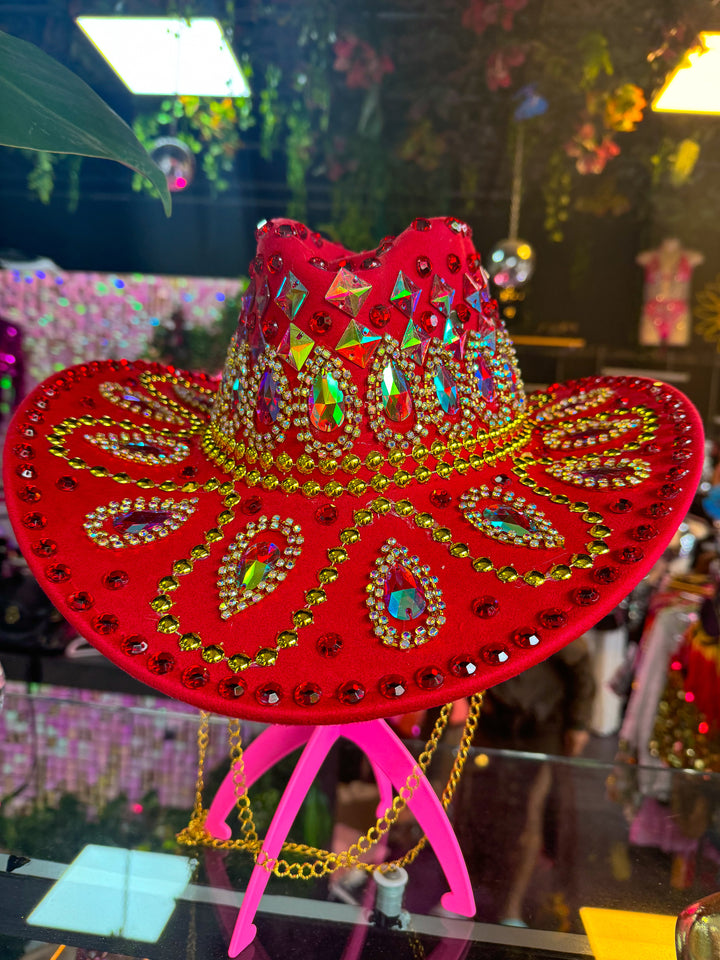 Vibrant red cowboy hat with jewel embellishments