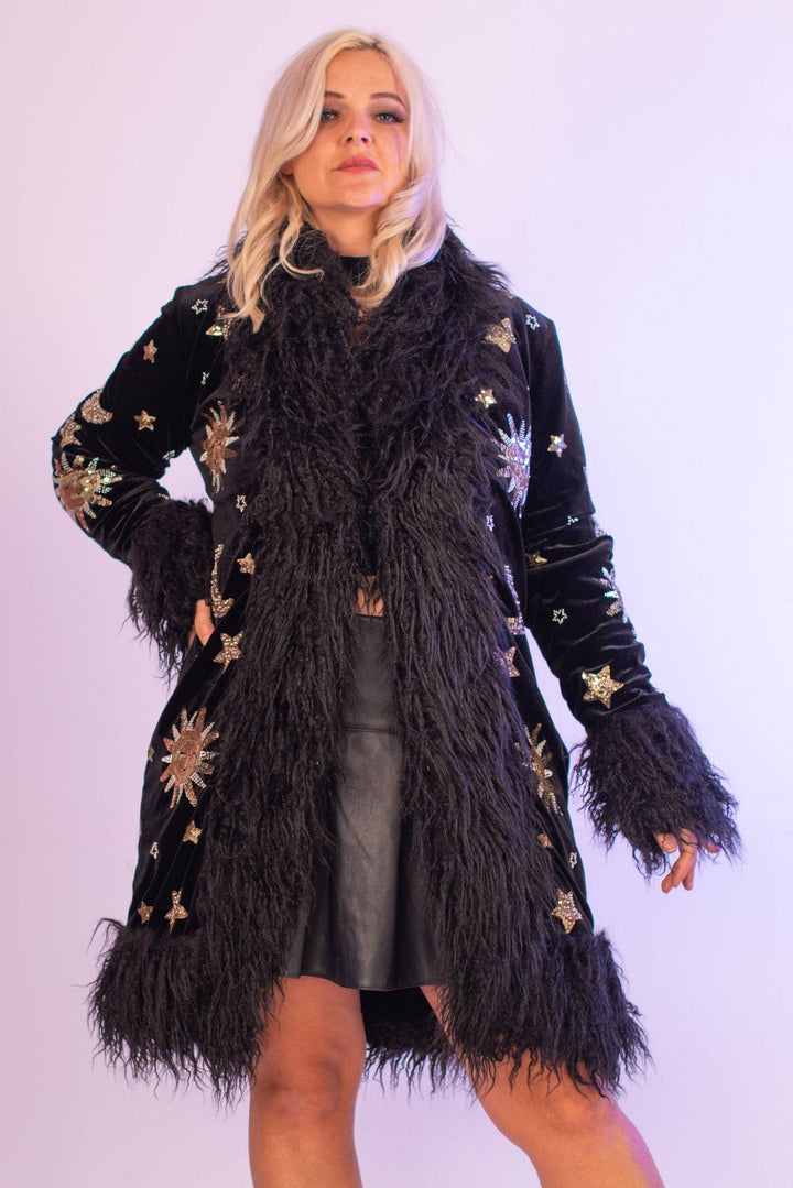 Black sequin coat with celestial motifs, front view