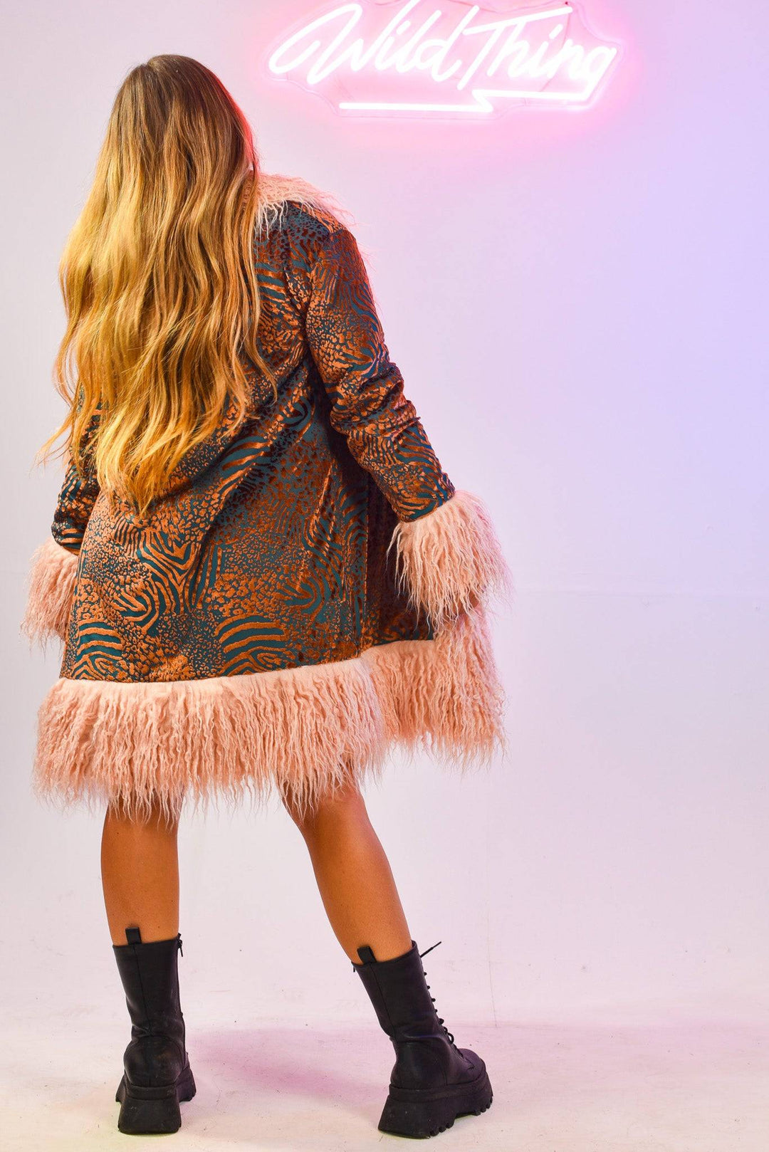 Back view of Jungle Blush Lux Faux fur Coat