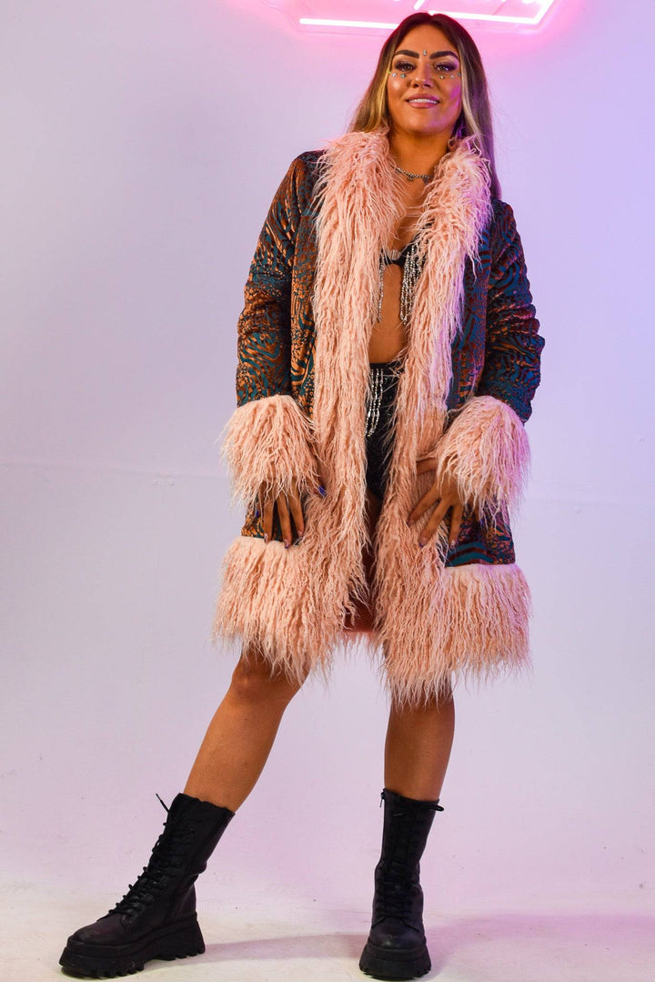 Jungle Blush Lux Faux fur Coat with pink trim