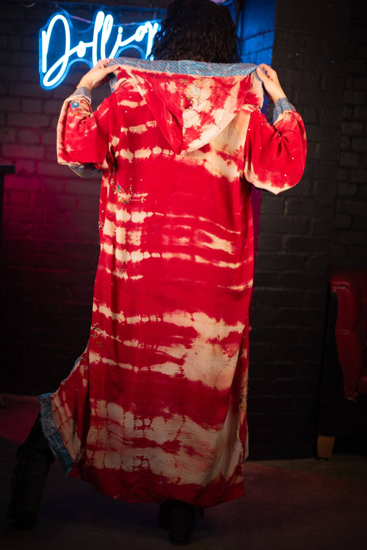 Back view of red tie-dye kimono with hood