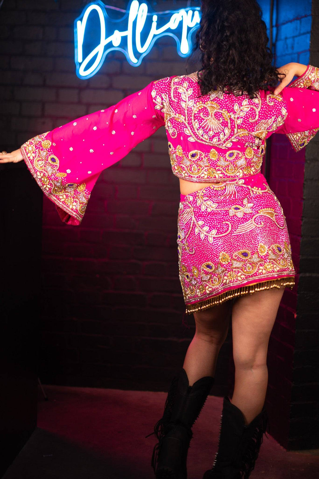 Back view of pink embellished bell sleeve set