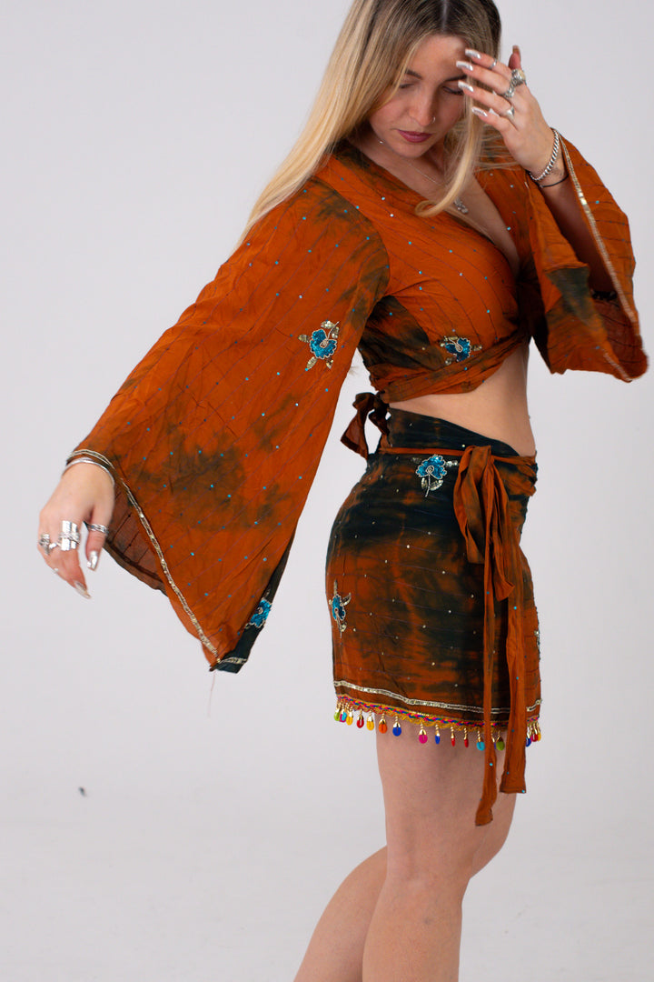 Dune Skirt & Bell Sleeve Set - Recycled Sari Skirt Set