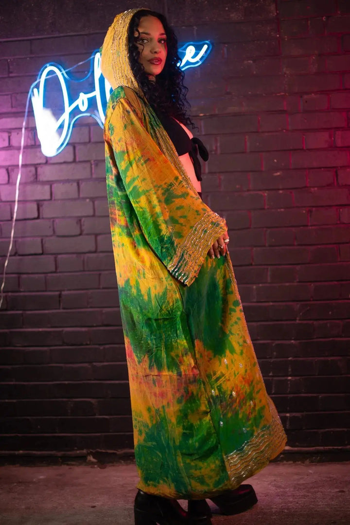 Vibrant green and yellow tie-dye kimono with hood, side view