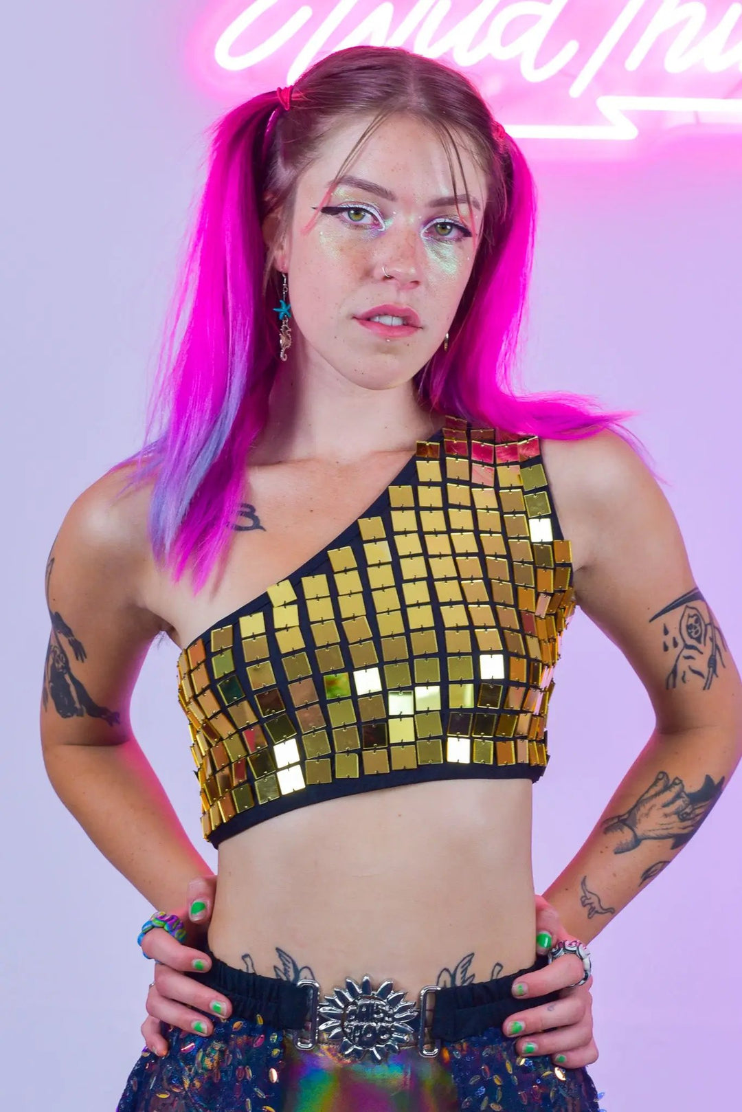 Gold one shoulder crop top with mirror squares