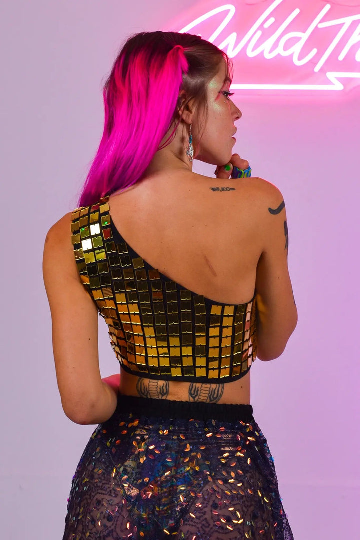 Back view of gold mirror one shoulder crop top