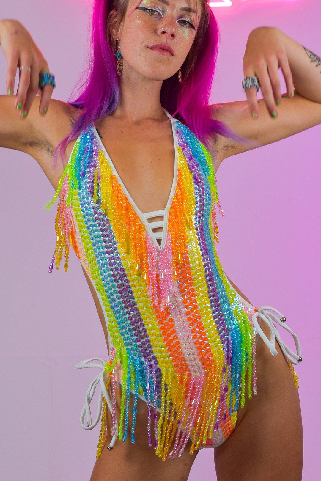 Vibrant Fantasy Rainbow Bodysuit with fringe details