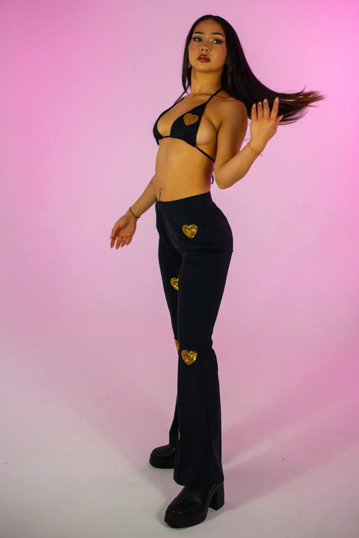 Gold Heart Flares with black top, hair flip