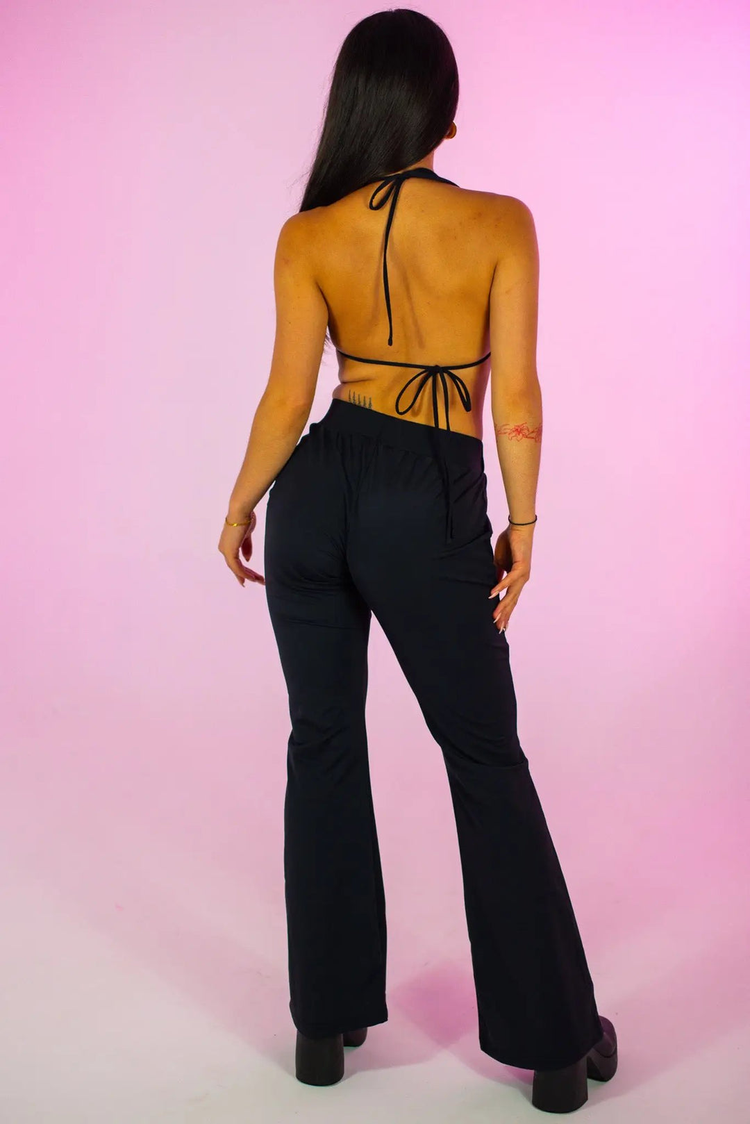 Gold Heart Black Top and pants, back view