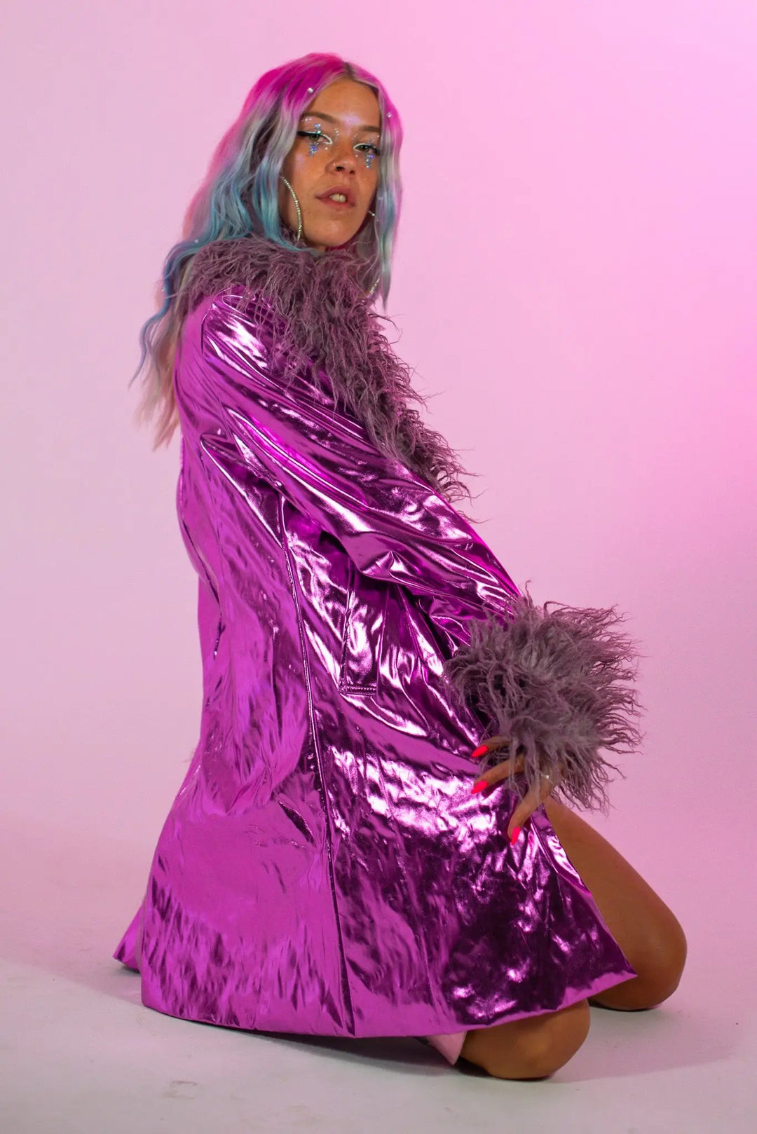 Shiny amethyst faux leather coat, perfect for rave fashion