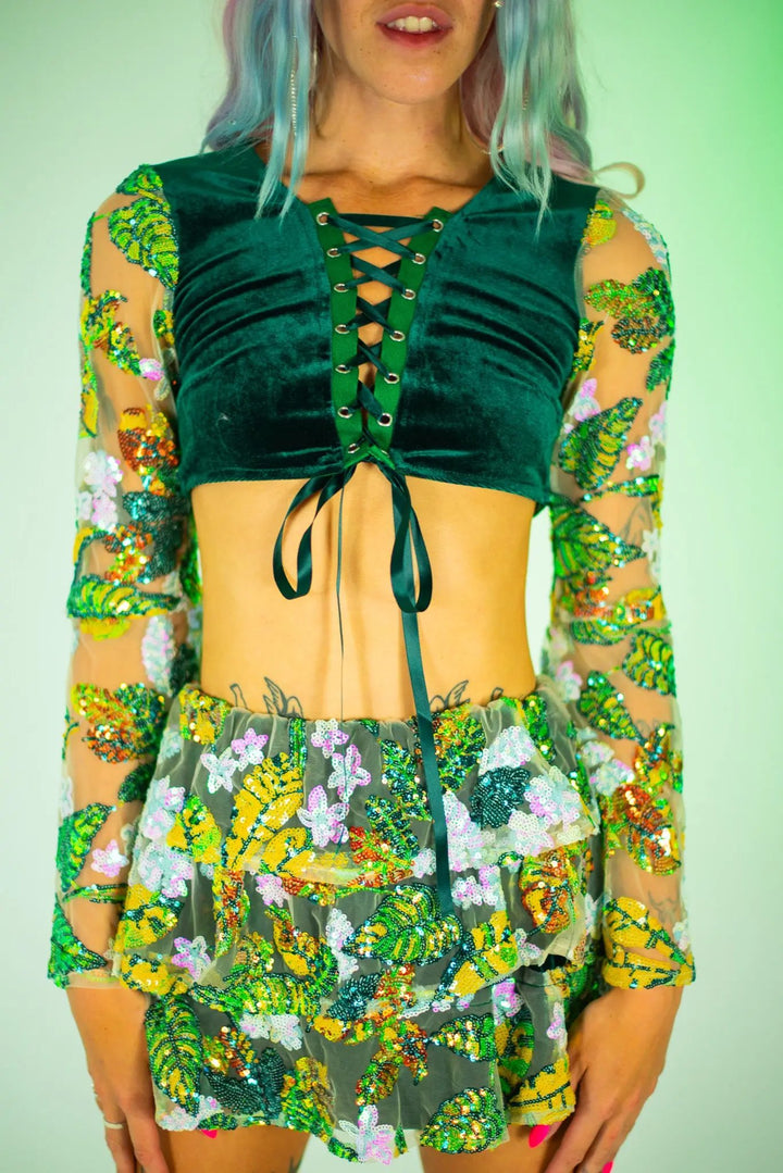 Front view of The Ivy Sequin Top with floral design