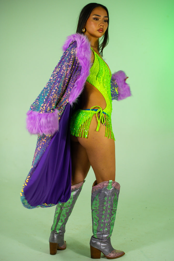 Purple Dream Jacket styled with neon green festival wear