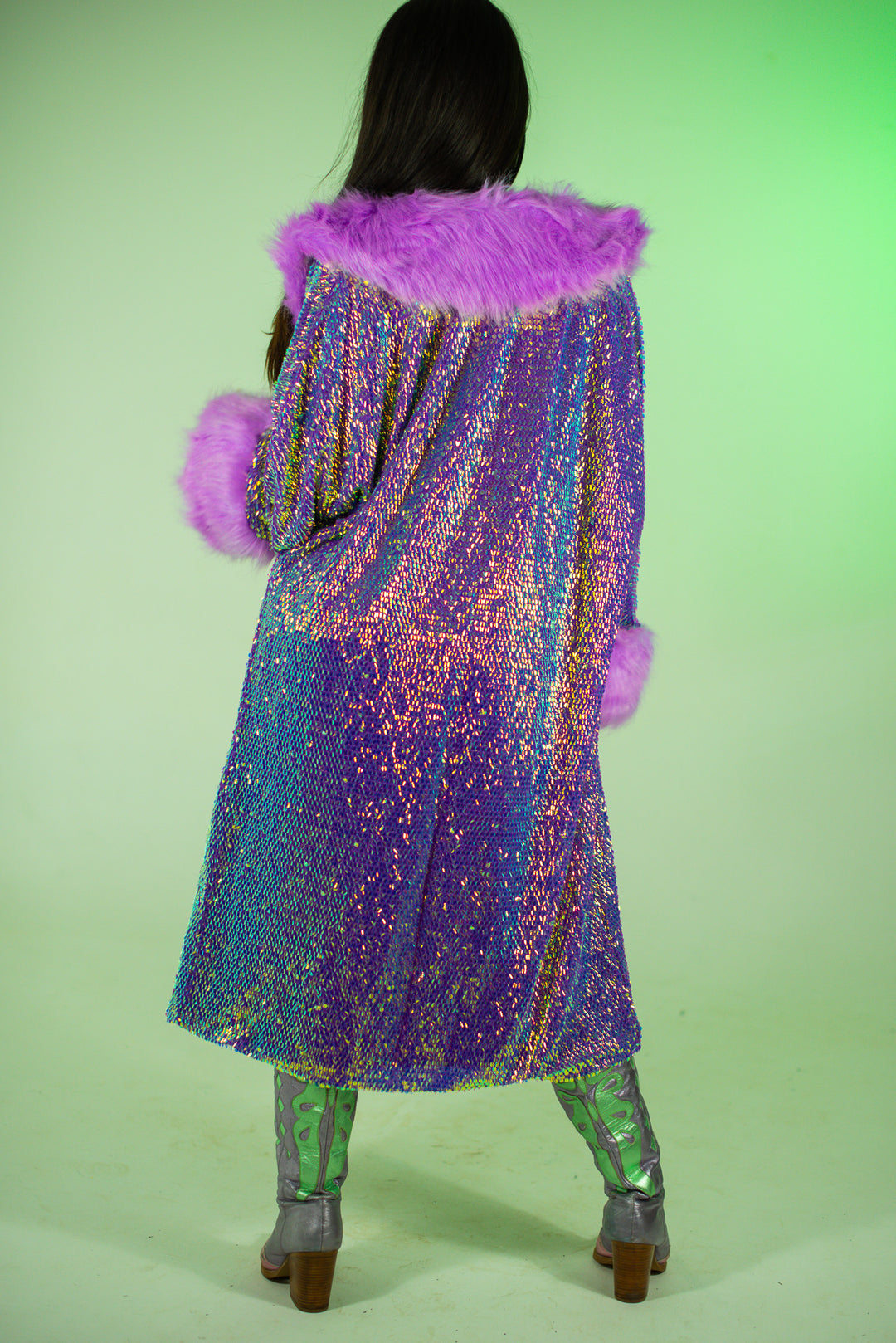 Back view of Purple Dream Jacket with pink fur accents