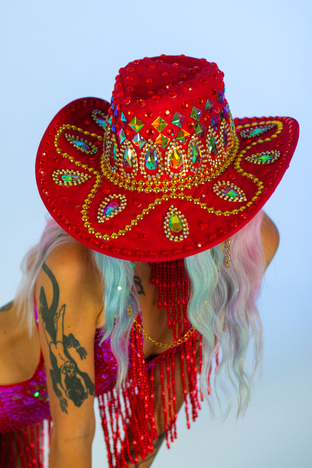 Red rodeo cowboy hat with colorful gems