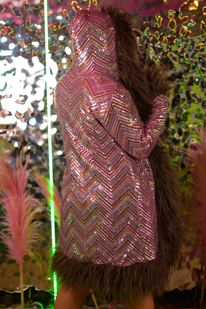 Eden Hooded Sequin Coat back view with hood up