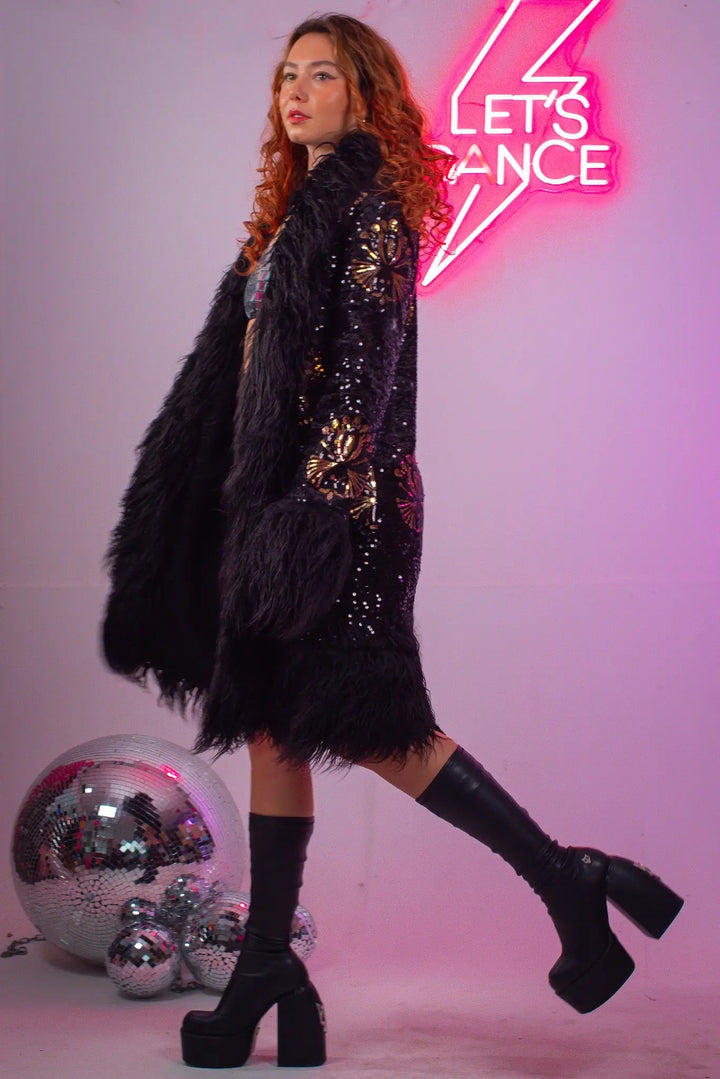 Side view of Stardust Lux Faux fur Coat with floral sequins