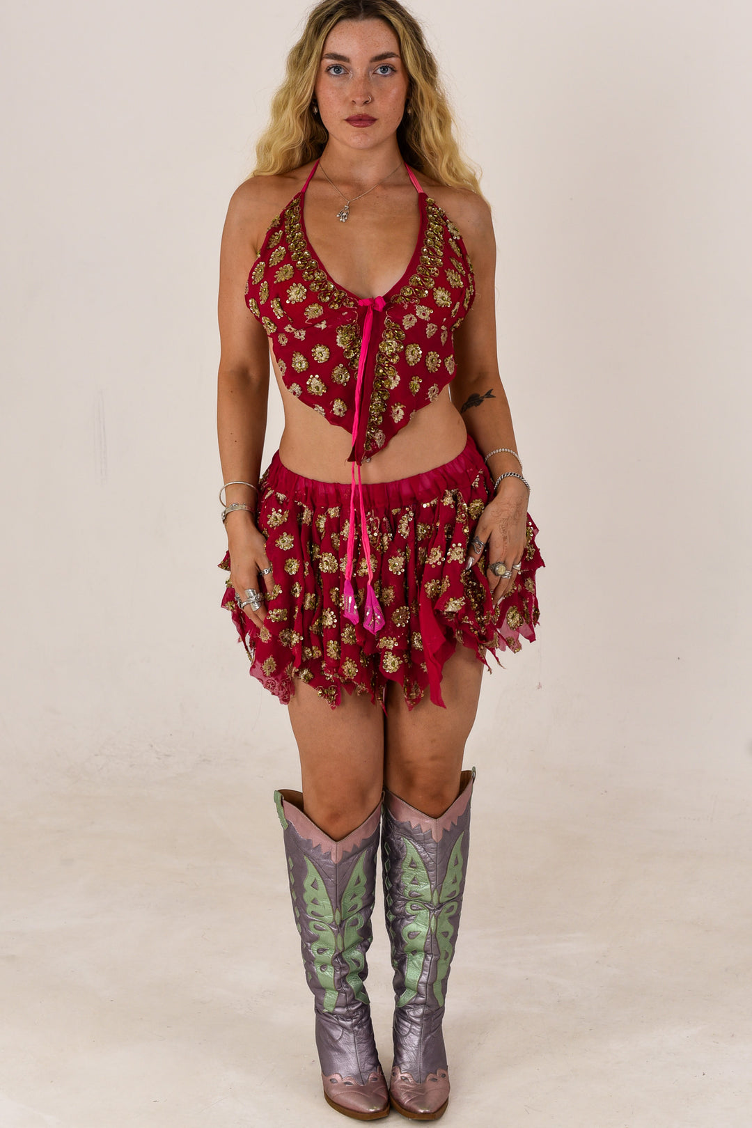 Pink Floral: Butterfly Top and Rag Skirt Set