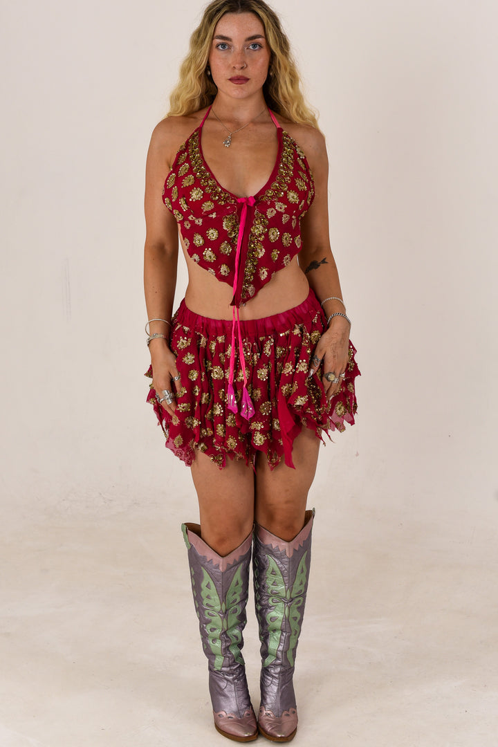 Pink Floral: Butterfly Top and Rag Skirt Set