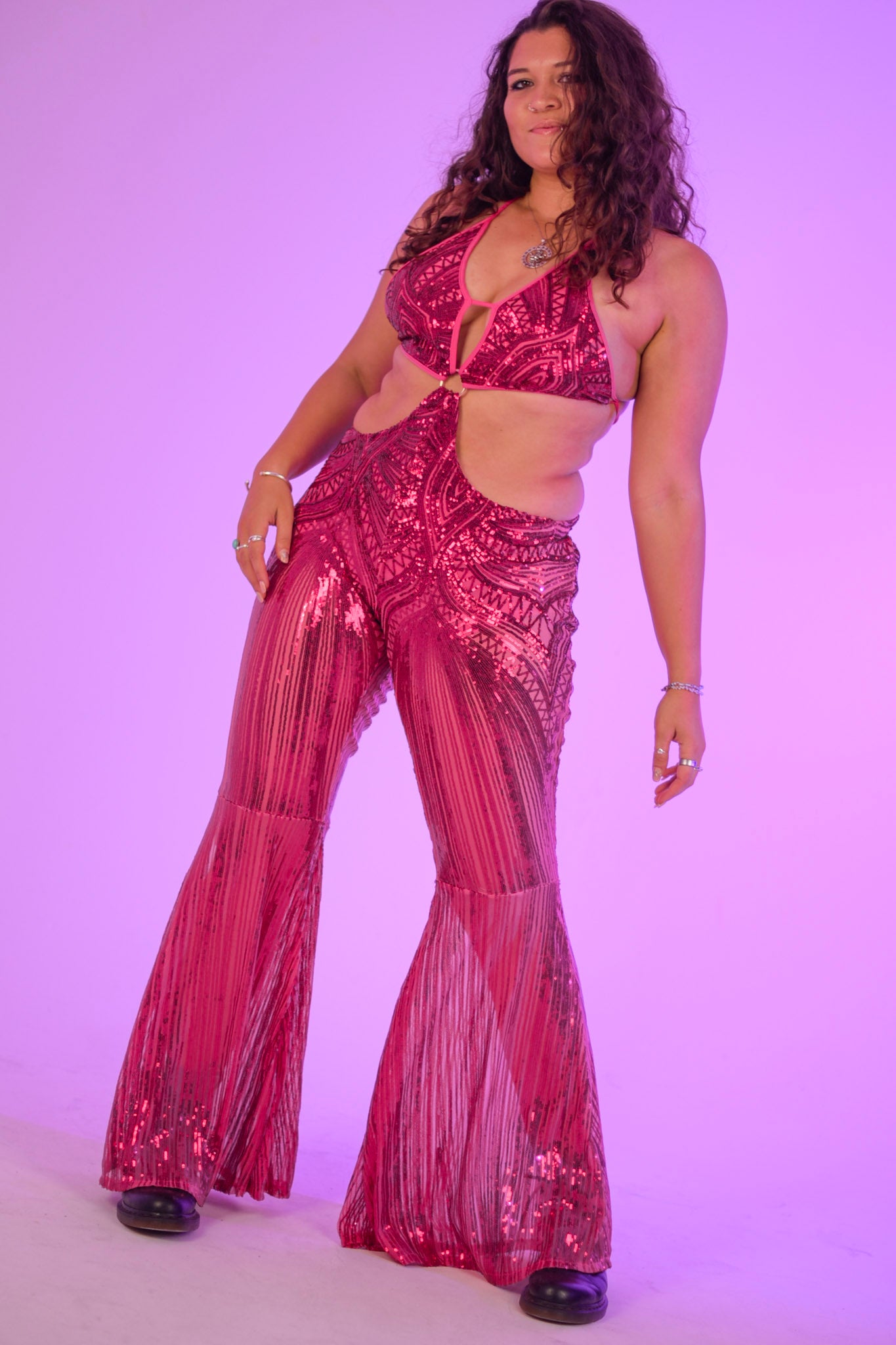 the pink Sabrina Sequin Catsuit - Comfort | Fitted Flare Design