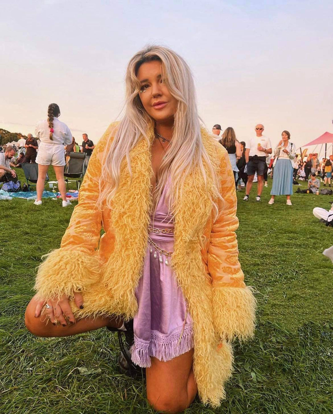 Sunflower Lux Faux fur Coat worn at outdoor festival