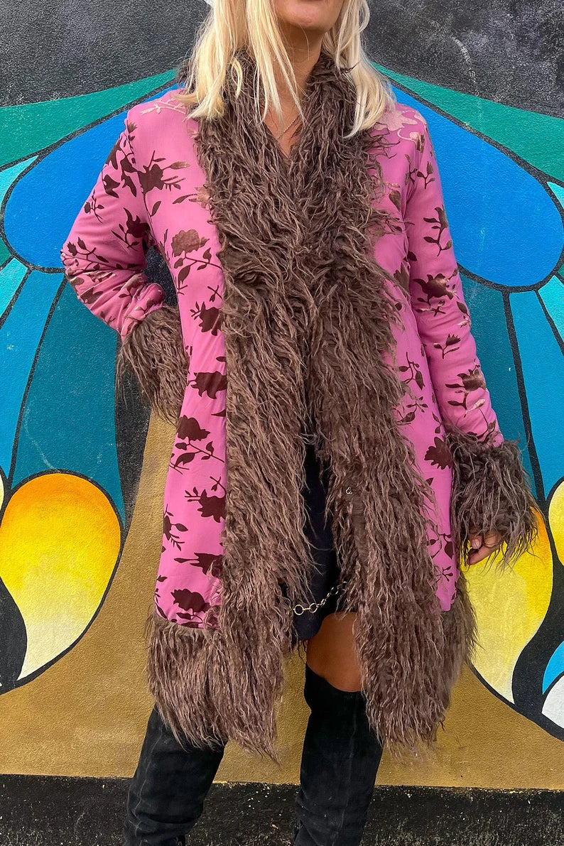 Pink floral coat with brown faux fur trim, front view