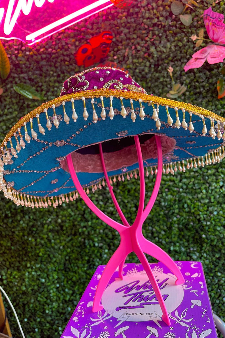 Underside view of Moonlit Meadow Sari Hat with tassels