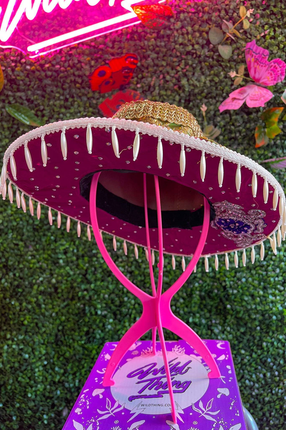 Underside view of Moonlit Meadow Sari Hat with bead details